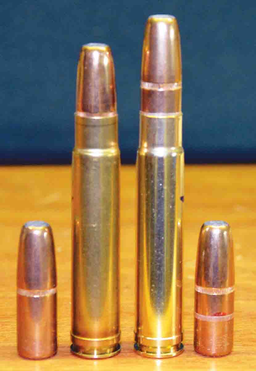 Seating the Hornady 400-grain DGXB to its cannelure for crimping (left) severely compacts the powder charge into a semi-solid lump. Cartridge length is 3.156 inches. Using a tool from Corbin to apply a cannelure farther back toward the base allows  the bullet to be crimped in place at a cartridge length of 3.375 inches for the magazine of Layne’s Interarms rifle. Charge compression is just enough for consistent ignition and to assist in preventing bullet movement in the case during recoil.